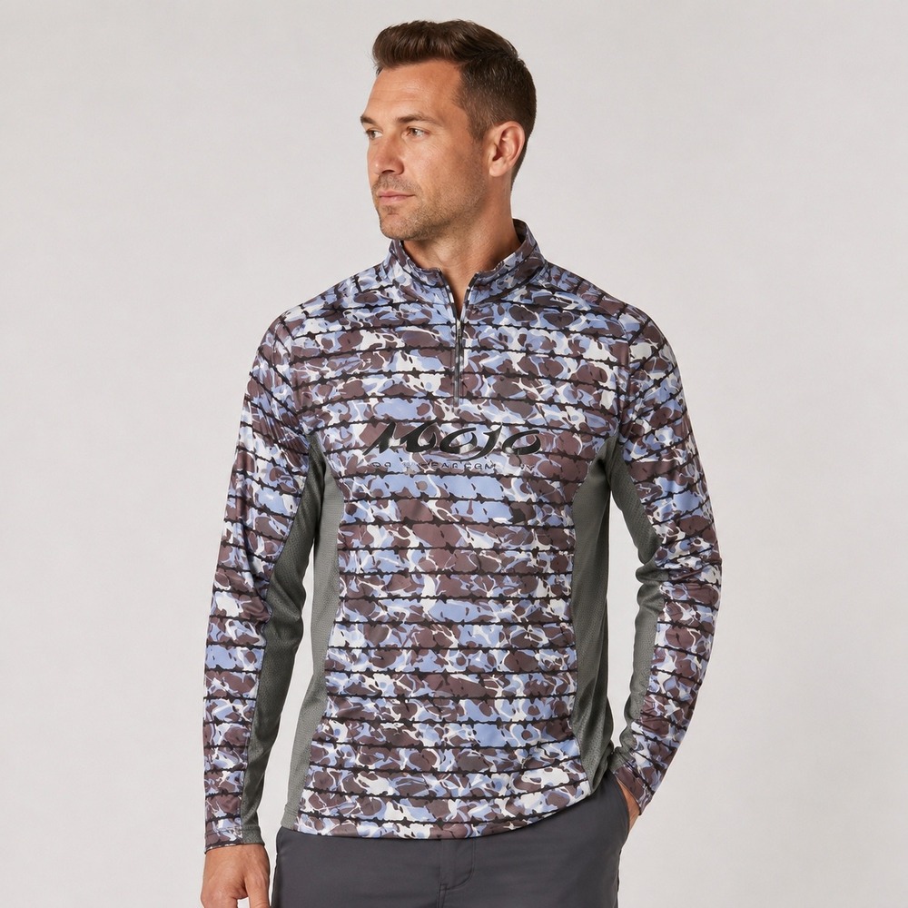 Mojo Sportfishing Gear Shirt Men XL Blue Brown Camo Quarter Zip Mesh Performance
